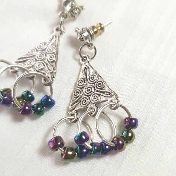 Silver Triangle Hoop Bead Earrings - Picture 2 of 4